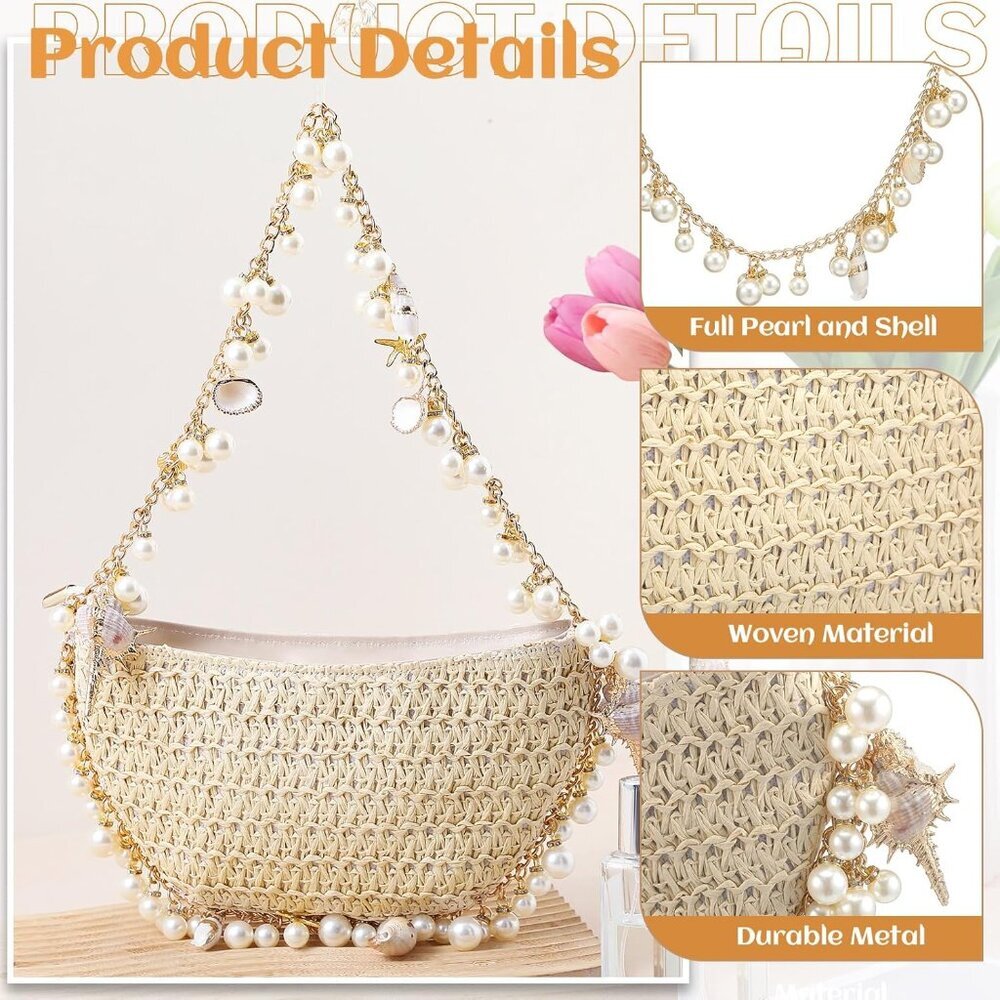 Chic Cloud Dumpling Straw Handbag With Pearl Stra… - image 3